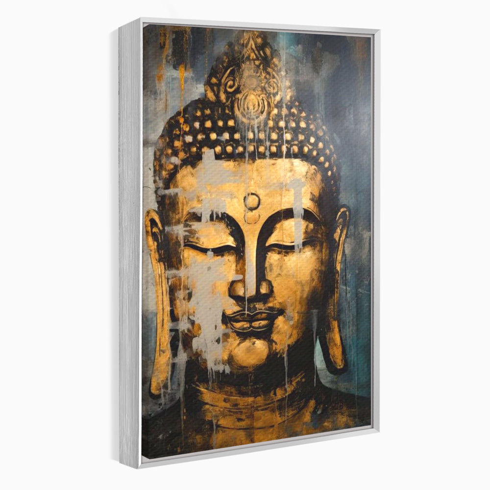 Tablou canvas cu tablou canvas cu chipul lui buddha, in rama de aluminiu argintiu